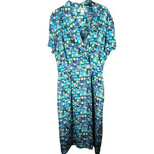 Robbie Bee 100% Silk Sz 10 Maxi Shirt Dress Check Blue Lined Belt Buttoned